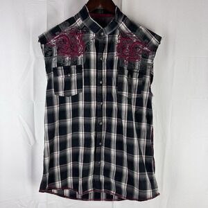 ROAR‎ Men's Small Plaid Sleeveless Shirt Button Snap Embroidery Western Biker